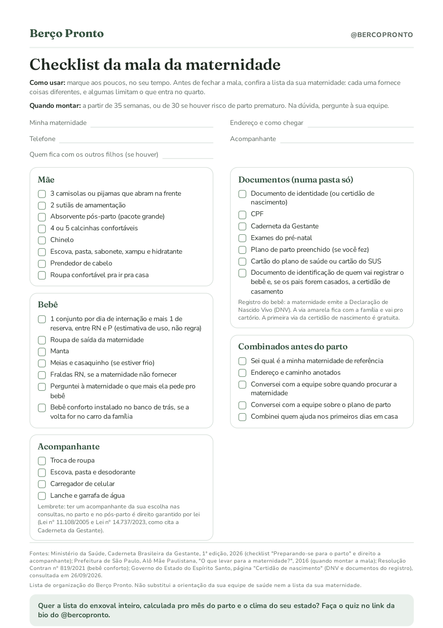 Prévia do checklist da mala da maternidade do Berço Pronto